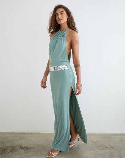 Karuna High Neck Maxi Dress in Aqua Grey