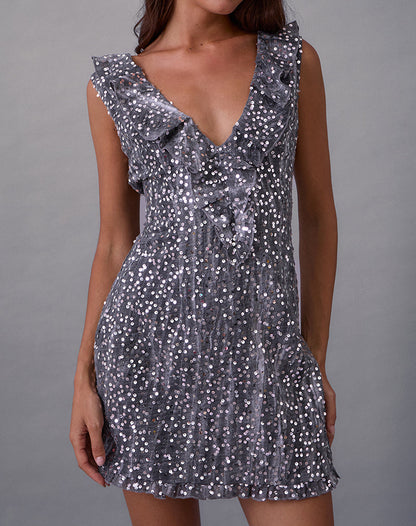 Kasuya Mini Dress in Chiffon Sequin Grey