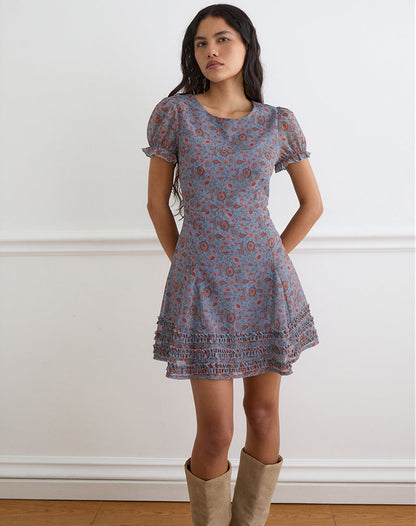 Koharu Mini Dress in Shadow Blossom Blue Chiffon