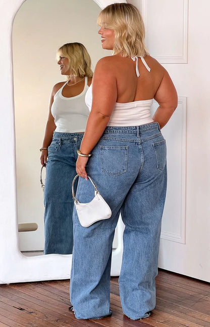Kansis Blue Uneven Waist Jeans