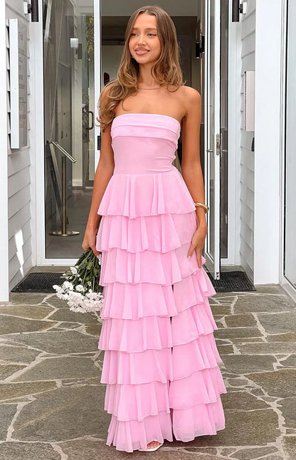 Kim Pink Strapless Ruffle Maxi Dress