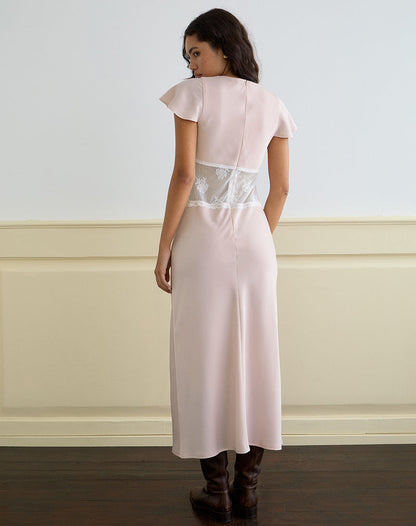 Lirenda Midi Dress in Satin Baby Pink