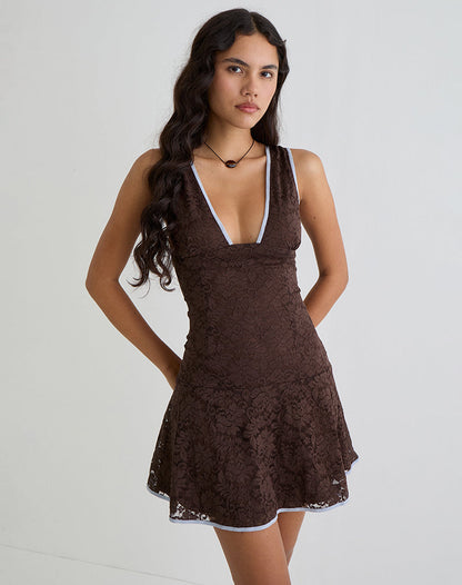 Luscian Mini Dress in Lace Chocolate with Blue Binding