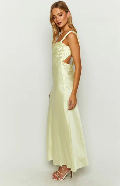 Laria Yellow Satin Formal Maxi Dress