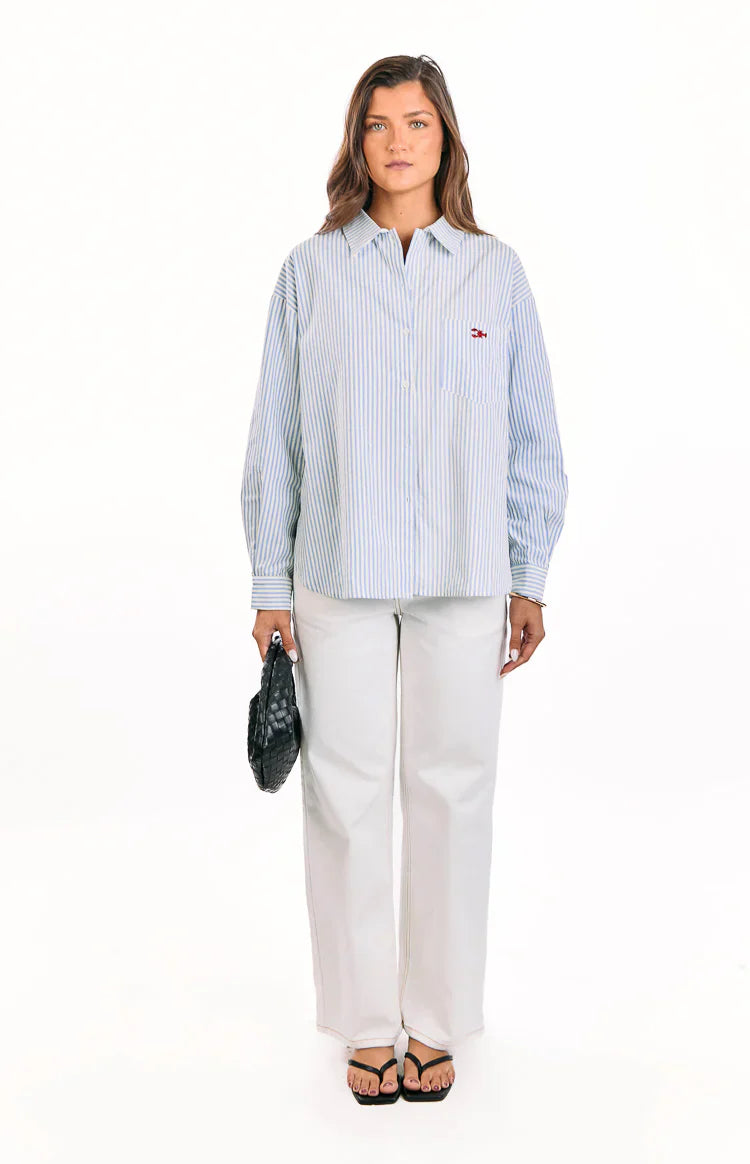 Lola Blue Stripe Embroidered Button Up Shirt