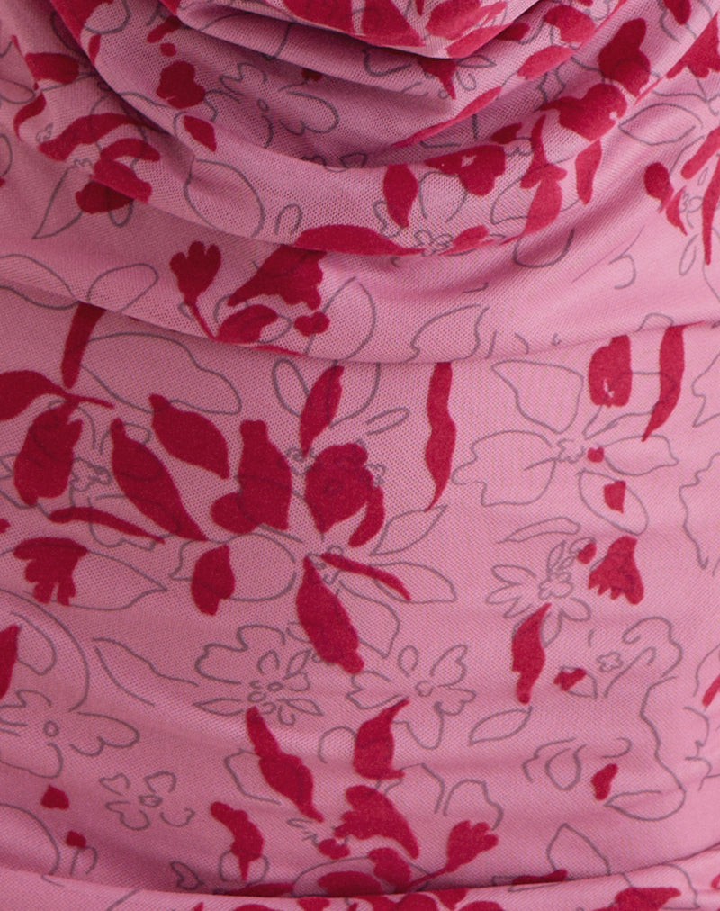 Malora Cowl Mini Dress in Stencil Flower Pink