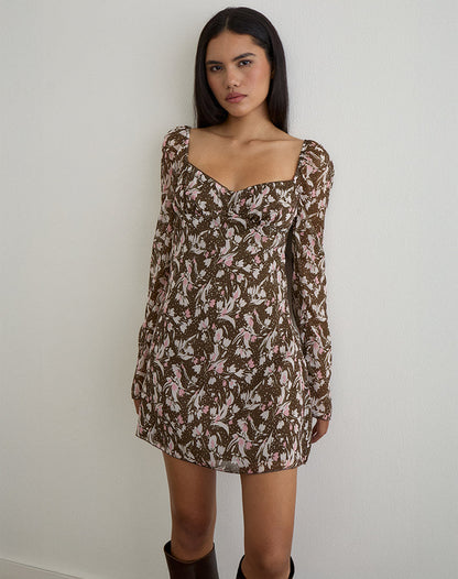 Mariko Dress in Brown and Pink Polka Flower Chiffon
