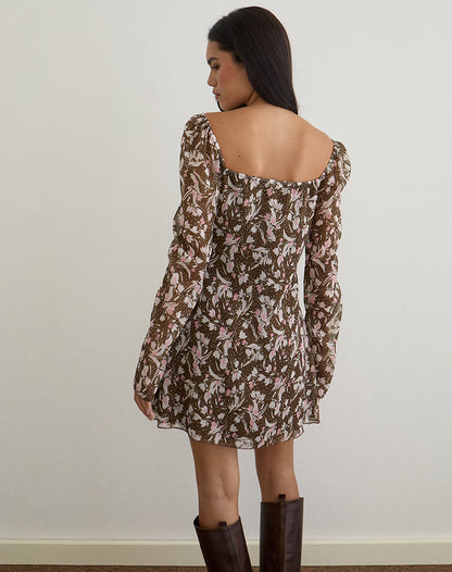 Mariko Dress in Brown and Pink Polka Flower Chiffon