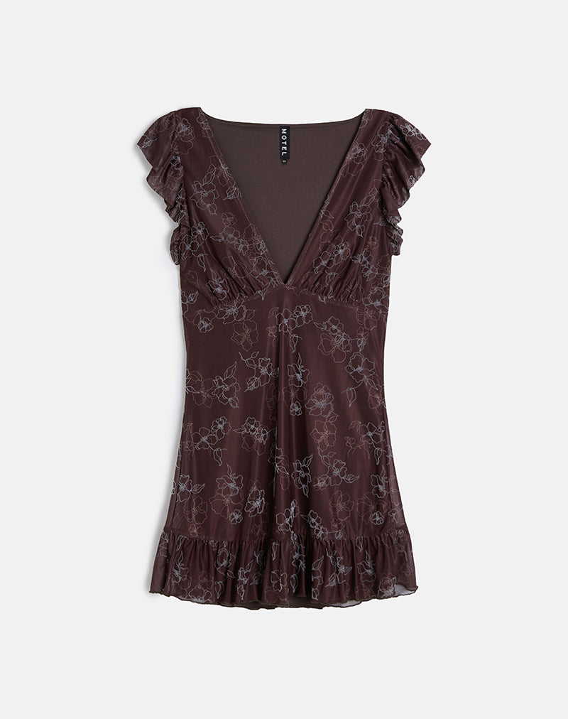 Motarika Mini Dress in Doodle Flower Flock Brown