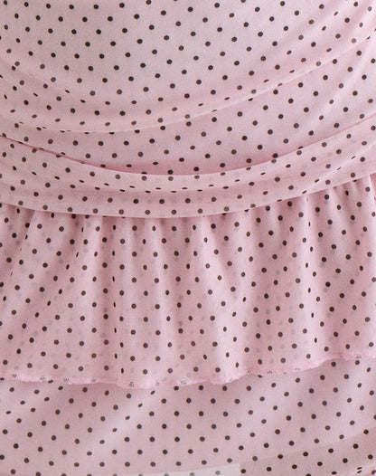 Mowgli Cap Sleeve Mini Dress in Baby Pink with Micro Polka Black