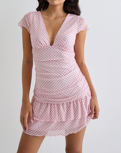Mowgli Cap Sleeve Mini Dress in Baby Pink with Micro Polka Black
