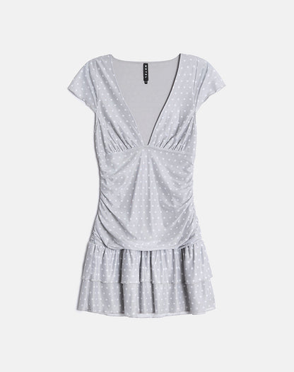 Mowgli Cap Sleeve Mini Dress in Grey with Micro White Polka