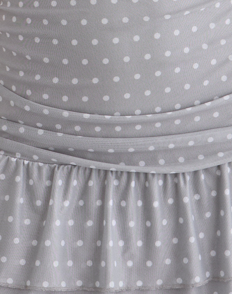 Mowgli Cap Sleeve Mini Dress in Grey with Micro White Polka