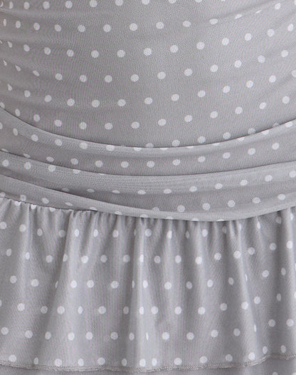 Mowgli Cap Sleeve Mini Dress in Grey with Micro White Polka
