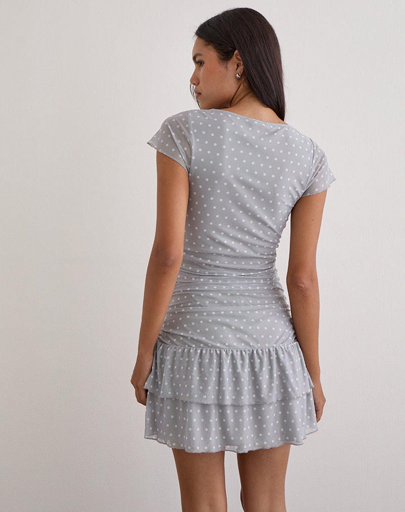 Mowgli Cap Sleeve Mini Dress in Grey with Micro White Polka