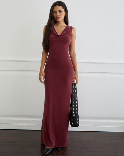 Namra Cowl Neck Maxi Dress in Cupro Burgundy
