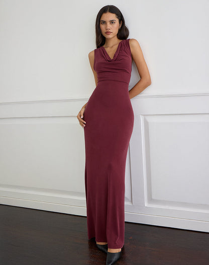 Namra Cowl Neck Maxi Dress in Cupro Burgundy
