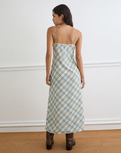 Naska Maxi Dress in Chiffon Vintage Blue Check