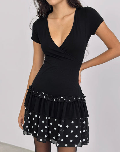 Navya Wrap Mini Dress in Polka Black and White