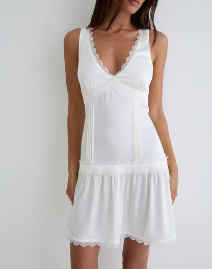 Nesha Ruffle Satin Mini Dress in White