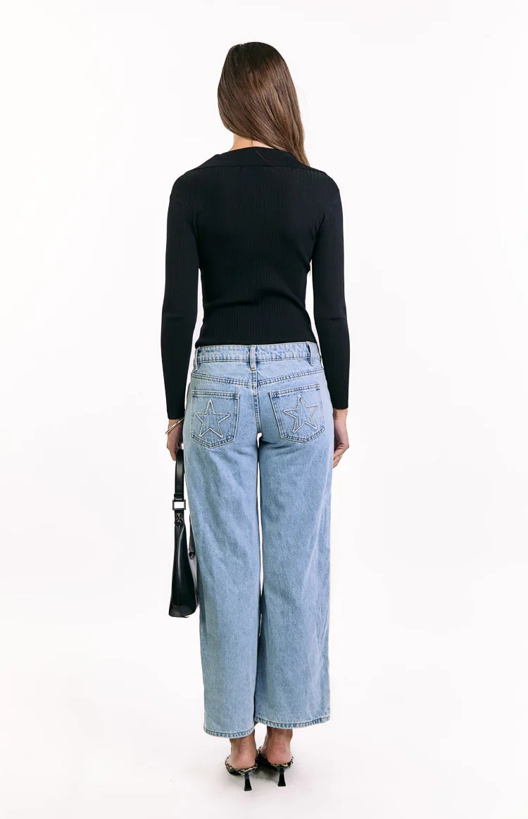 Nina Black Ribbed Knit Long Sleeve Sweater