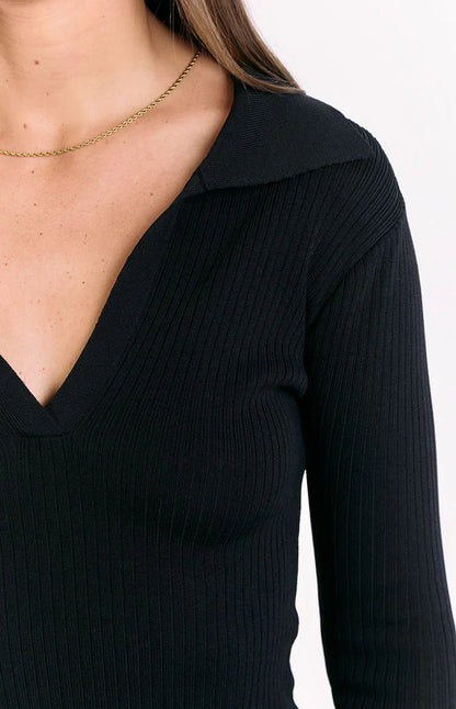 Nina Black Ribbed Knit Long Sleeve Sweater