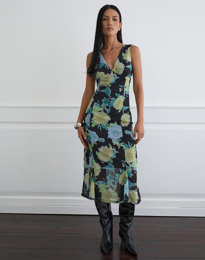 Olydia Midi Dress in Black Chiffon with Crystal Flower Print