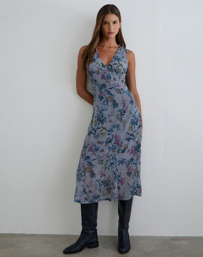 Olydia Midi Dress in Chiffon Shadow Lily Blue