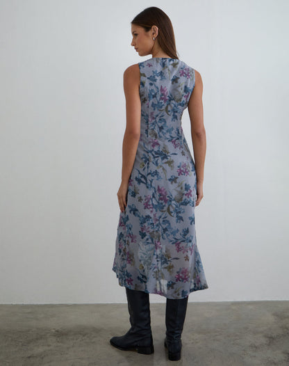 Olydia Midi Dress in Chiffon Shadow Lily Blue