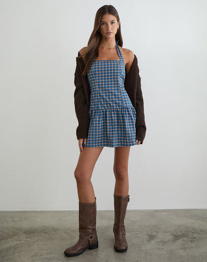Panja Mini Halter Neck Dress in Medium Tartan Blue