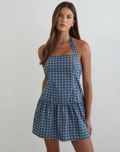 Panja Mini Halter Neck Dress in Medium Tartan Blue