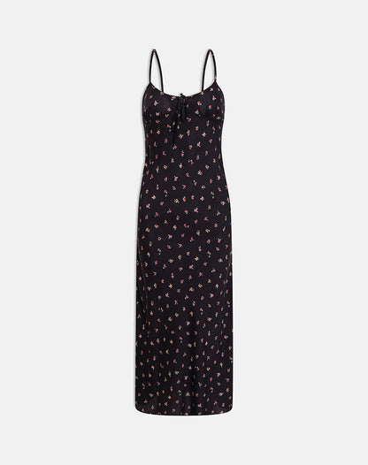 Posine Maxi Dress in Black with Red Rose Ditsy Print