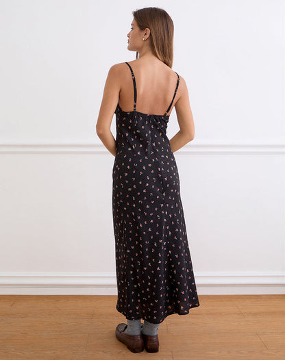 Posine Maxi Dress in Black with Red Rose Ditsy Print