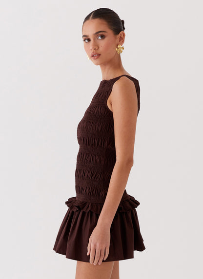 Garden Kisses Shirred Mini Dress - Chocolate