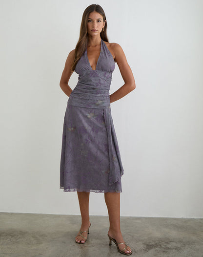 Rokoyo Halterneck Midi Dress in Flare Flower Purple