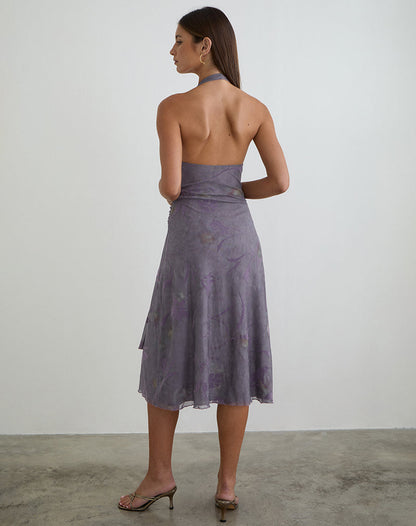 Rokoyo Halterneck Midi Dress in Flare Flower Purple