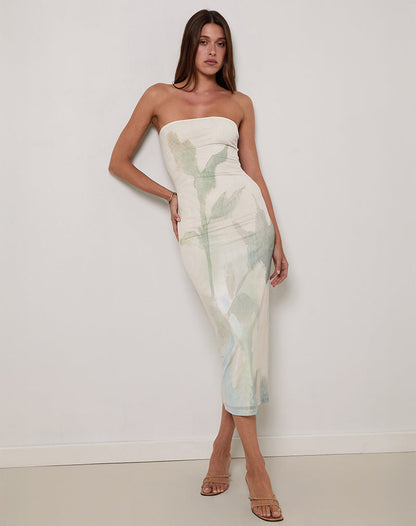 Rosbandi Bandeau Midi Dress in Abstract Painted Flower Blue