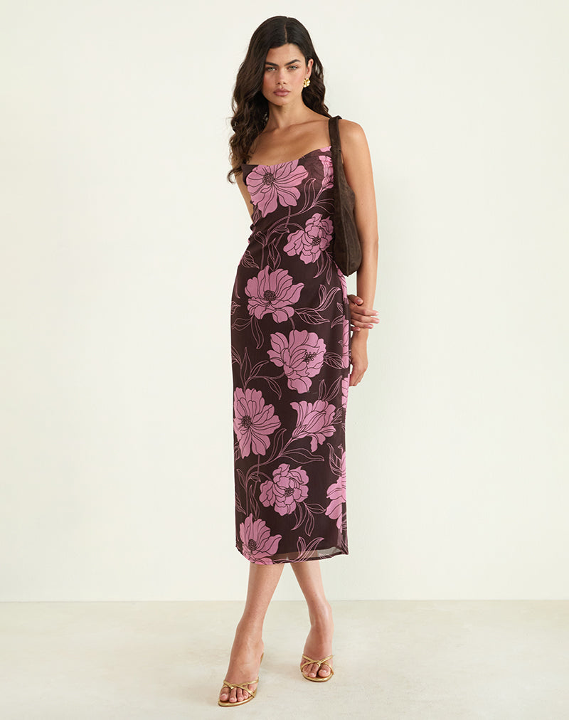 Rujira Cowl Midi Dress in Flare Floral Pink Brown
