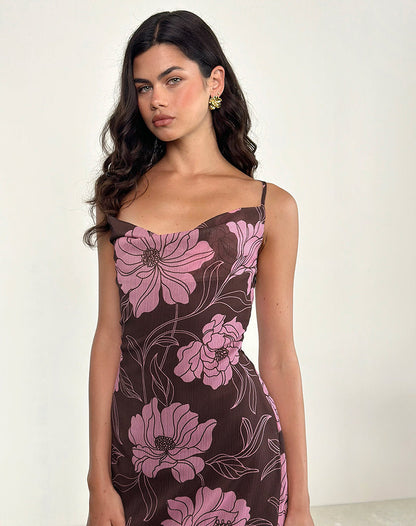 Rujira Cowl Midi Dress in Flare Floral Pink Brown