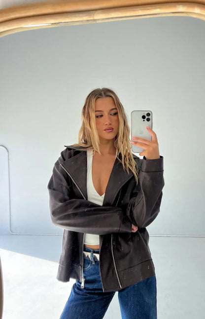 Rochelle PU Chocolate Brown Oversized Biker Jacket