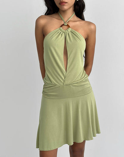 Saira Halter Neck Mini Dress in Sage