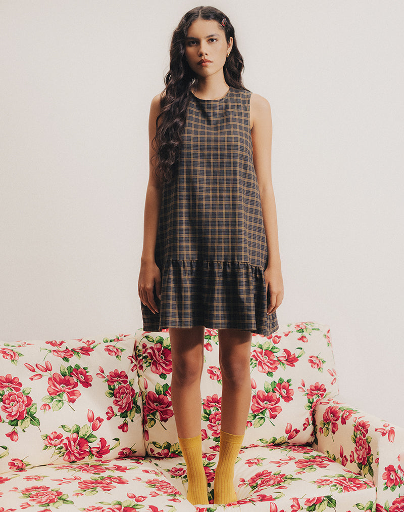 Samana Babydoll Mini Dress in Check Dark Brown