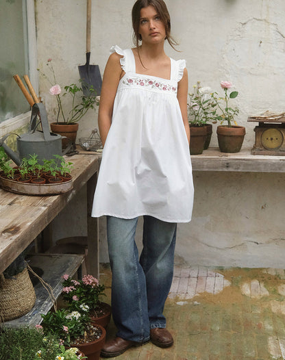 Sanaly Mini Dress in Poplin White with Cherry Blossom Embroidery