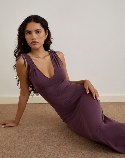 Sanyu Plunge Maxi Dress in Cupro Deep Purple