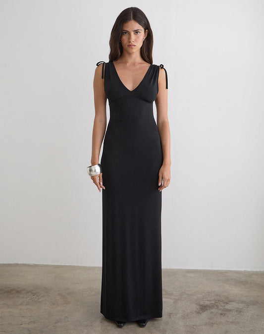 Sanyu Plunge Maxi Dress in Cupro Black