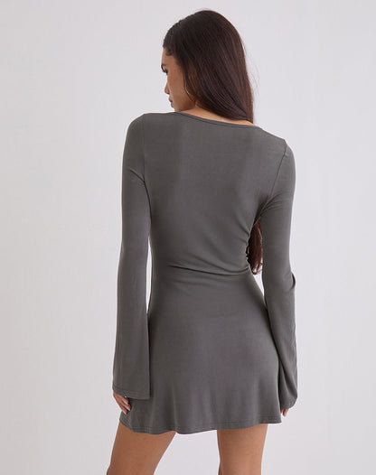 Sevila Long Sleeve Mini Dress in Cupro Diamante Flower Dark Grey