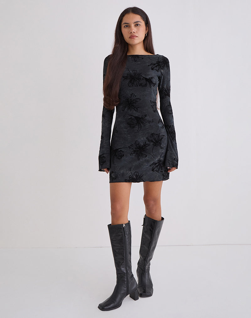 Sevila Long Sleeve Mini Dress in Burnout Velvet Grey