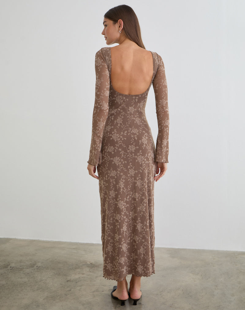 Shaleed Maxi Dress in Leafy Flock Dark Taupe