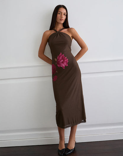 Silvra Halterneck Midi Dress in Brown with Pink Flower Print