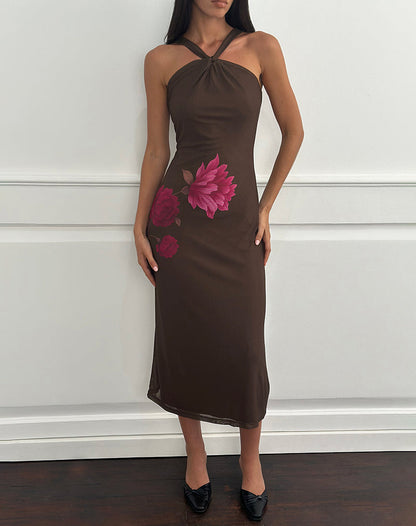 Silvra Halterneck Midi Dress in Brown with Pink Flower Print